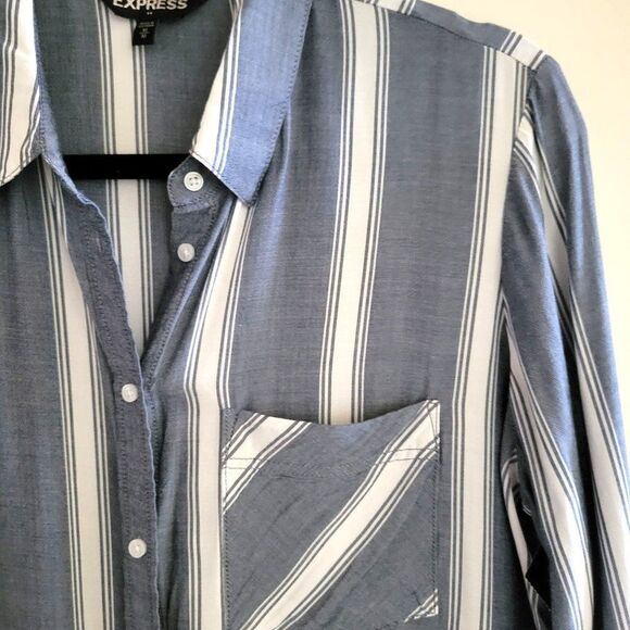 Express Womens Top Blue M Shirt Dress Striped Boyfriend Button Up Long Sleeve - Picture 4 of 7